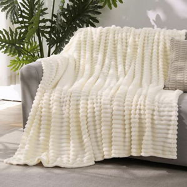 Beige Throw Blanket for Couch Sofa 50 * 60 inches Striped Fleece Blankets Room Home Decor Lightweight Plush Soft Cozy Gifts for Women Mom
