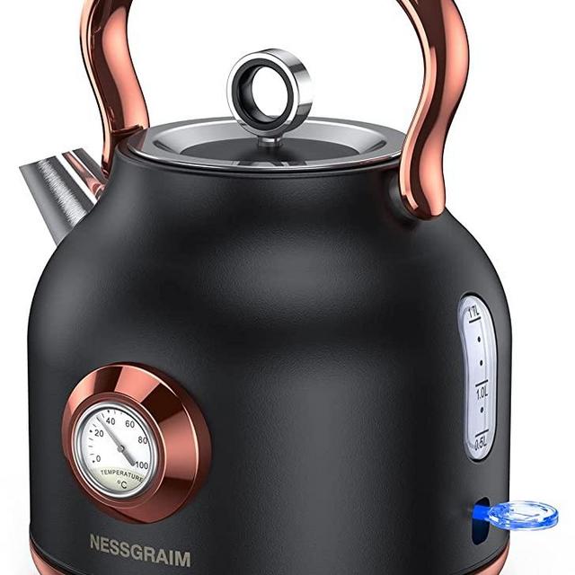 NESSGRAIM Retro Electric Kettle, 1.7L Stainless Steel Tea Kettle with Large Temperature Gauge, 1500W Fast Heating Hot Water Boiler with LED Indicator, Auto Shut-off & Boil-Dry Protection-Reteo Black