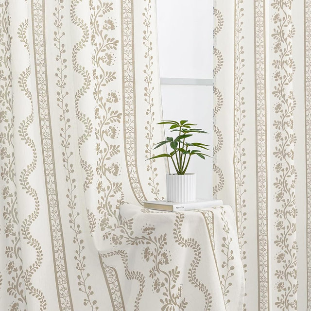 Beige Cream and Taupe Neutral Floral Farmhouse Curtains, Vintage Antique Botanical Pattern Sheer Natural Fabric Linen Drapes for Living Room Bedroom Dining Room 84 Inches Long