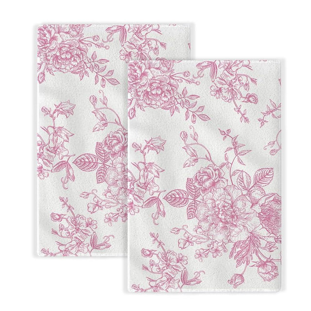 AEIOAE Pink Floral Kitchen Towels 2 Pieces Chinoiserie Flower Decor Dish Towels, Seasonal Floral Decorative Hand Towels Absorbent Dish Cloth Housewarming Gifts for Home Kitchen Dining (16x24 Inch)