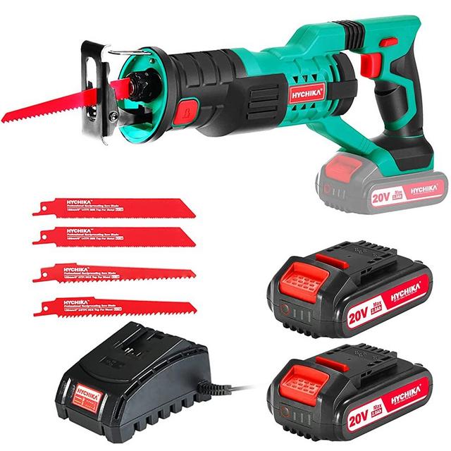 HYCHIKA Cordless Reciprocating Saw 20V 2Ah 2 Batteries 4 Saw Blades, 0-2800SPM Variable Speed, 7/8" Stroke Length Tool-Free Blade Change LED Light for Wood Metal Cutting Pruning