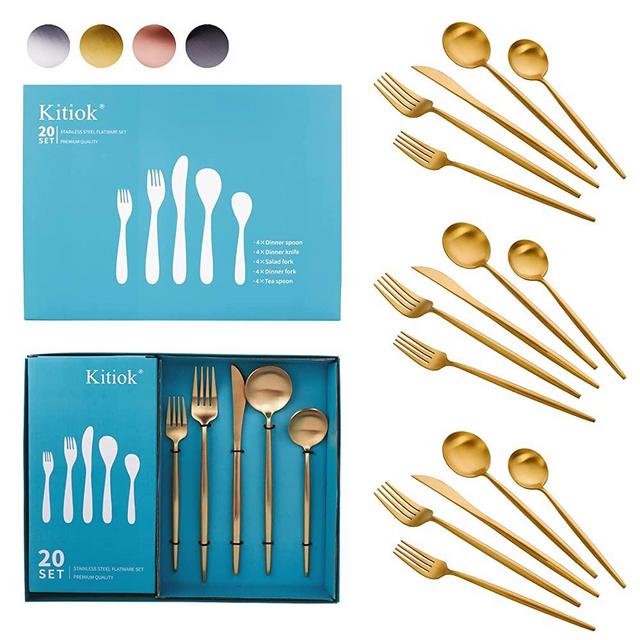 Kitiok Matte Stainless Steel Silverware Set for 4, 20-Piece Modern Fancy Gold Flatware Set In Nice Gift Box, Tableware Cutlery Utensil Set, Dishwasher Safe