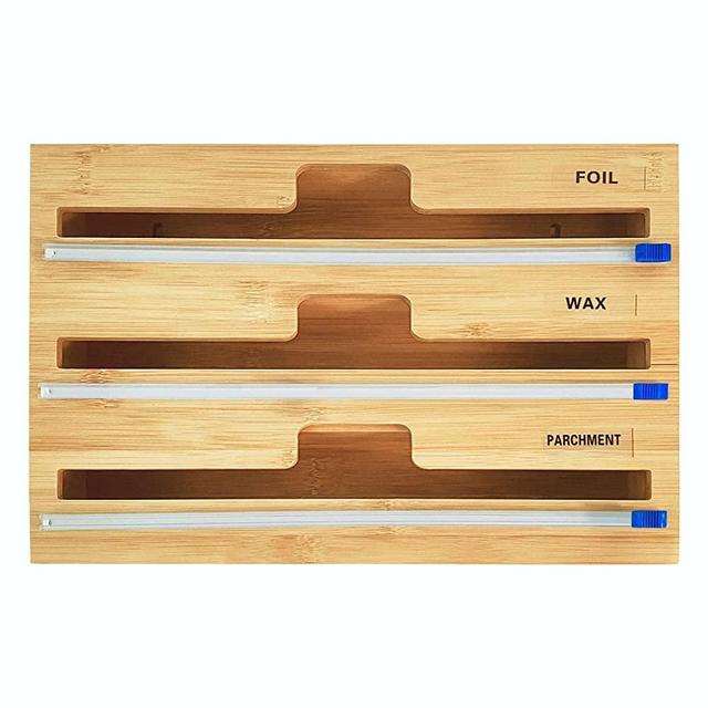 Bamboo Wrap Dispenser with Cutter and Labels Plastic Wrap, Foil and Wax Paper Organizer and Dispenser for Kitchen Drawer, Wall Mount Holder Hfpengzan (3 Slots)