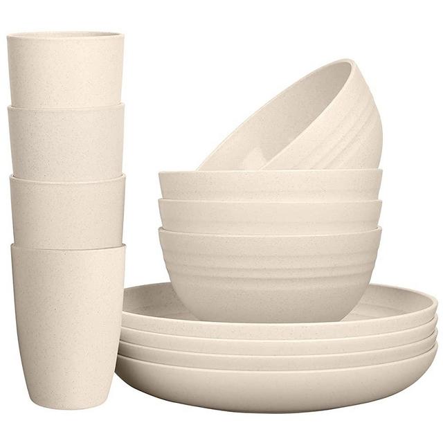 LuckyZone Wheat Straw Dinnerware Sets for 4 (Reusable Plates, Bowls & Cups) - Lightweight Unbreakable Dinner Camping Dishes for Kids Adult - Dishwasher & Microwave Safe, Eco Friendly(12Pcs/Beige)