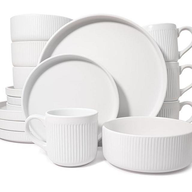 Square House 16 Piece Dinnerware Set Key West (Pearl White) Plates, Bowls, and Mugs Set for 4