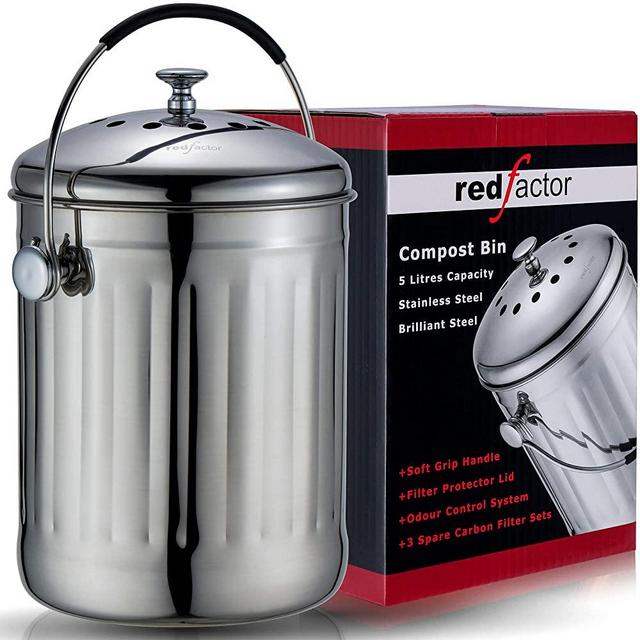 RED FACTOR Premium Compost Bin for Kitchen Countertop - Stainless Steel Food Waste Bucket with Innovative Dual Filter Technology - Includes Spare Filters (Brilliant Steel, 1.3 Gallon)