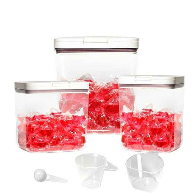 Gute Sealed Auto Pop-Up Laundry Pod Holder with Lid, 3-Piece Laundry & Dishwasher Pod Container Set for Laundry Room Organization (67oz, 94oz, 186oz Capacity)