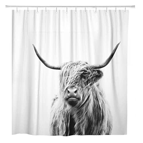 ArtSocket Shower Curtain Portrait of Highland Gray Cow Home Bathroom Decor Polyester Fabric Waterproof 60 x 72 Inches Set with Hooks