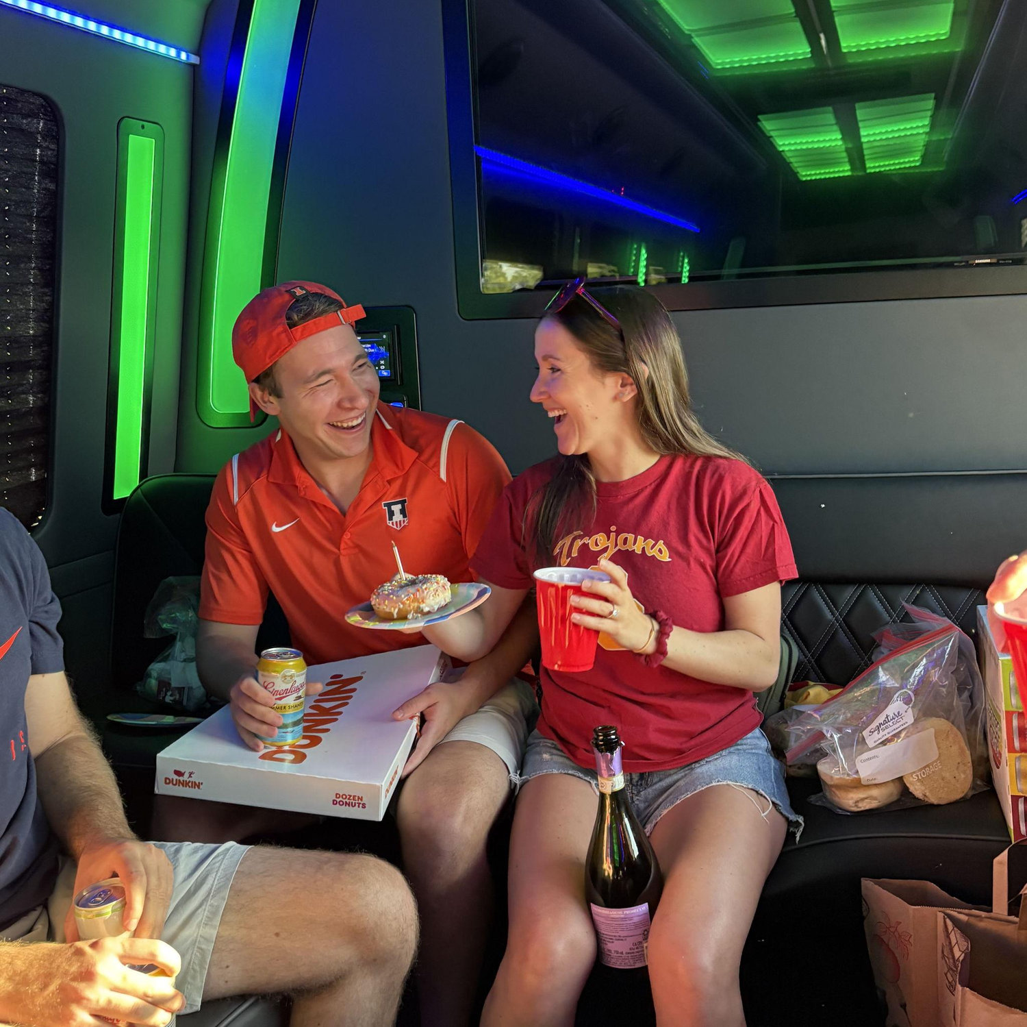 Celebrating P's bday on a party bus driving down to Champaign for the USC v Illinois football game in Sept 2025