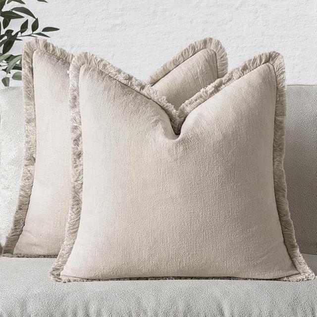MIULEE Decorative Throw Pillow Covers Neutral Linen Fringe Throw Pillows Euro Shams Set of 2 Natural Beige Boho Farmhouse Cushion Covers for Couch Sofa Bed Living Room Spring Home Decor 24x24 Inch