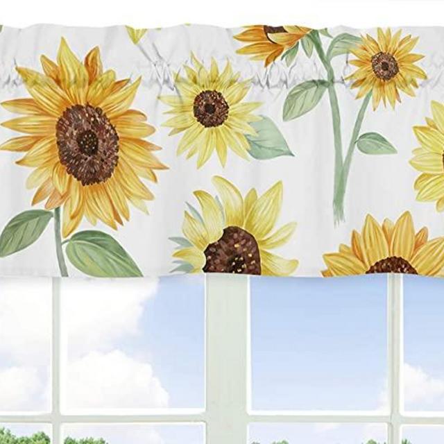 Sweet Jojo Designs Yellow, Green and White Sunflower Boho Floral Window Treatment Valance - Farmhouse Watercolor Flower