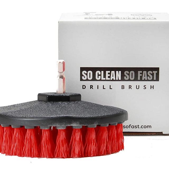 Drill Brush Heavy Duty - Clean Tile & Grout 5X Faster - Spin Away Rust, Soap Scum, Mineral Deposit, Hard Water Stain - 5" Diameter Stiff Red Nylon Bristle with Metal Shaft Attachment
