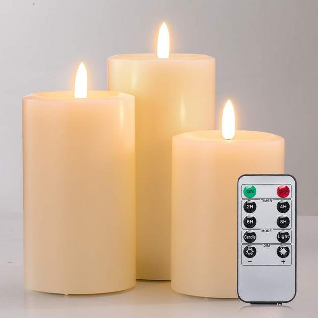 Realistic Candles Set of 3, Flameless Real Wax Top Flat 3D Wick Ivory Pillar Candles with Remote, Size D: 3'' x H: 4'' 5'' 6'', 2H 4H 6H 8H Timer, Flicker, Dimmer, Run by 2 AA Battery(Not Included)