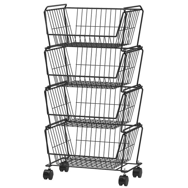 PUSDON 4-Tier Stackable Metal Storage Baskets, Anti-Rust Fruit Vegetable Rack, Dual Use Shelf for Kitchen, Home & Office, Black