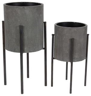 Modern Cylindrical Iron Planters With Stand, 2-Piece Set, Black