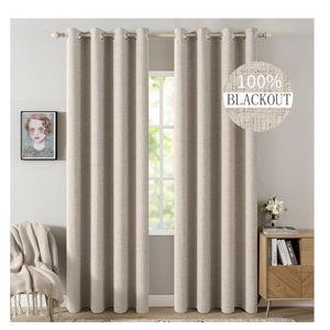 MIULEE 100% Blackout Linen Textured Curtains for Bedroom Solid Thermal Insulated Natural Beige Grommet Room Darkening Curtains & Drapes Luxury Decor for Living Room Nursery 52 x 84 Inch (2 Panels)