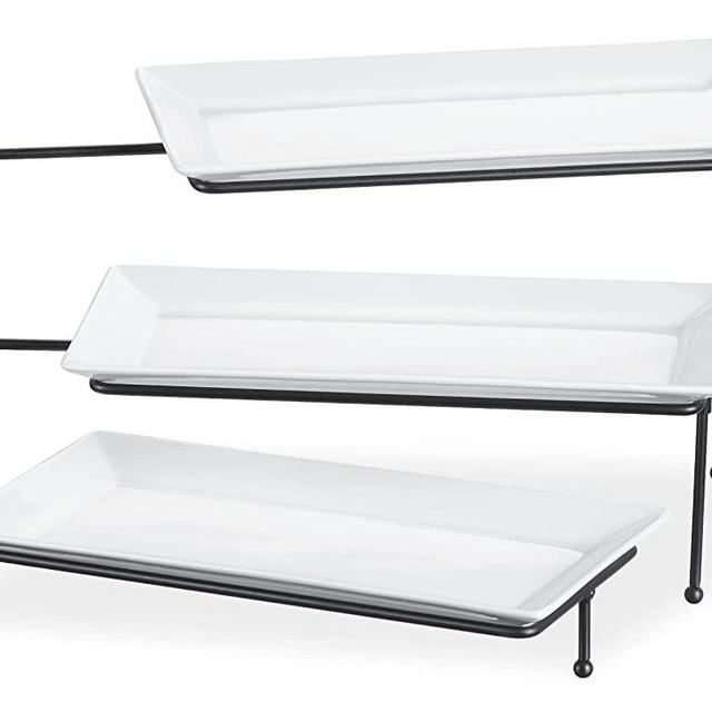 ONEMORE 3 Tier Serving Tray - Foldable Rectangular Food Display Stand with Ceramic Serving Platters - White