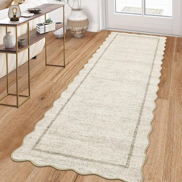 GarveeHome Scalloped Washable Runner Rug 2x10 Non Slip Kitchen Rugs Modern Blue Indoor Entryway Rug Farmhouse Soft Bath Mat Stain Resistant Carpet for Bedroom Hallway Laundry 2 ft x10 ft Beige