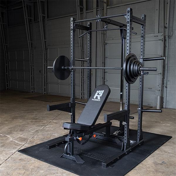 Rugged Extended Half Rack Package with Lat, Bench, FREE 300lb. Weight Set, Mats
