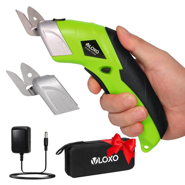 Cordless Electric Scissors, VLOXO Cardboard Cutter Electric Fabric Scissors with Blades Rechargeable Powerful Fabric Cutter for Crafts Leather Carboard Carpet Plastic Felt with Case Green CS4001