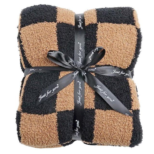 Ultra Soft Checkered Blanket Cozy Buffalo Check Throw Fluffy Knitted Reversible Throw Blanket Lightweight Fleece Checkerboard Grid Blanket for Sofa Couch Bed Travel, Black/Camel, 51''x63''