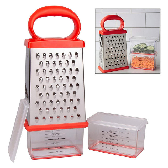 Good Cooking Box Cheese Grater w 2 Attachable Storage Containers- 4-Sided Stainless Steel Slicer and Shredder- 2 Hoppers for Cheeses