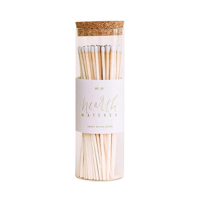Sweet Water Decor Hearth Matches in Apothecary Glass Bottle | Rustic Jar Approx. 80 Decorative Matchsticks with Strike Pad | Cute Candle Accessory Match Holder Long Matchsticks for Fireplace (White)