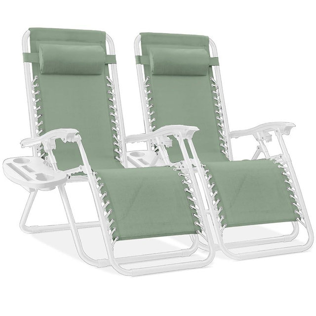 Best Choice Products Set of 2 Adjustable Steel Mesh Zero Gravity Lounge Chair Recliners w/Pillows and Cup Holder Trays - Sage Green/White