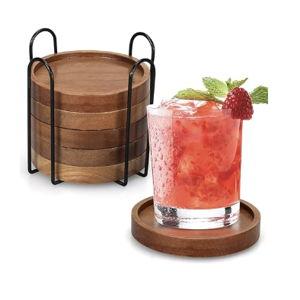 6 Pcs Best Wooden Coasters with Holder Coffee Table Decor Acacia Wood Coaster Set Modern Cup Coaster for Drink Home Dining Table Kitchen Accessories Cute Beer Bar Decorative Rustic Outdoor Coasters
