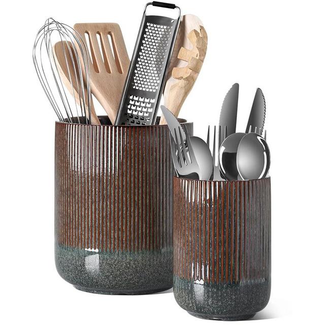 LE TAUCI Utensil Holder, 7.3"+5.4" Ceramic Kitchen Utensil Holder for Countertop, Black Cooking Utensil Crocks for Kitchen Counter, Morden Utensil Organizer for Spatula, Set of 2, Marble Dark Olive