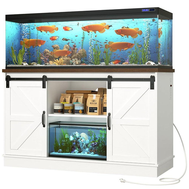 Hlivelood Farmhouse 55-75 Gallon Fish Tank Stand with Power Outlet, Aquarium Stand w/Cabinet&Sliding Barn Door, Heavy Duty Reptile Tank Stand for Fish/Turtle/Reptile Terrarium, 1000LB Capacity, White