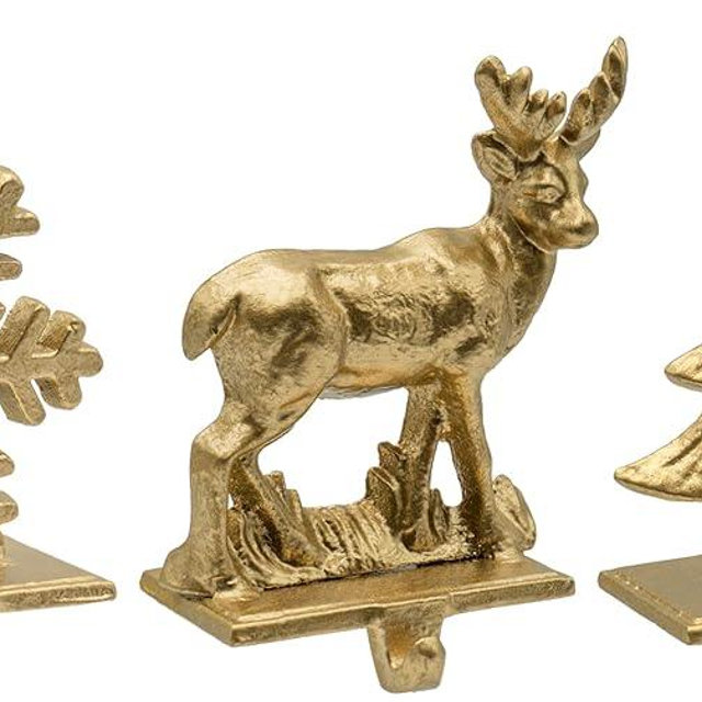 Red Co. Set of 3 Snowflake, Reindeer & Christmas Tree Decorative Cast Iron Stocking Holders in Old Gold Finish