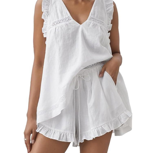 Sotimoon Womens Ruffle Short Set 2 Piece Outfits Fashion Summer Sleeveless Lace Trim Top and Shorts Cotton Pajama Sets