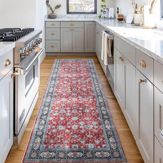 Rugcomf Runner Rug 2'6''x8' Hallway Runner Rug Washable Boho Rug Soft Area Rug Non-Slip Faux Wool Vintage Rug for Kitchen, Entryway, Laundry, Bedroom, Indoor (Red)