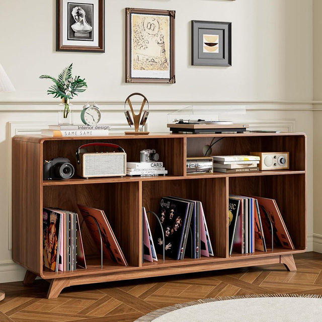 Boweniog Record Player Stand with Vinyl Storage Cabinet with Charging Station & USB Ports, Turntable Stand Table Holds Up to 350 Albums, Curved Vinyl Record Cabinet for Living Room