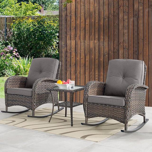 Belord Outdoor Rocking Chairs Set of 2 Wicker Rocker Chairs for Porch, 3 Pieces Patio Furniture Rocking Set with Rattan Side Table Brown/Grey