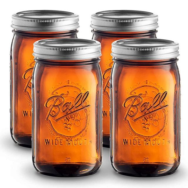 Ball Amber Glass [4 Pack] Wide Mouth Mason Jars (32 oz/ Quart ) With Airtight lids and Bands - Amber Canning Jar - UV light Protection - Microwave & Dishwasher Safe. + SEWANTA Jar Opener