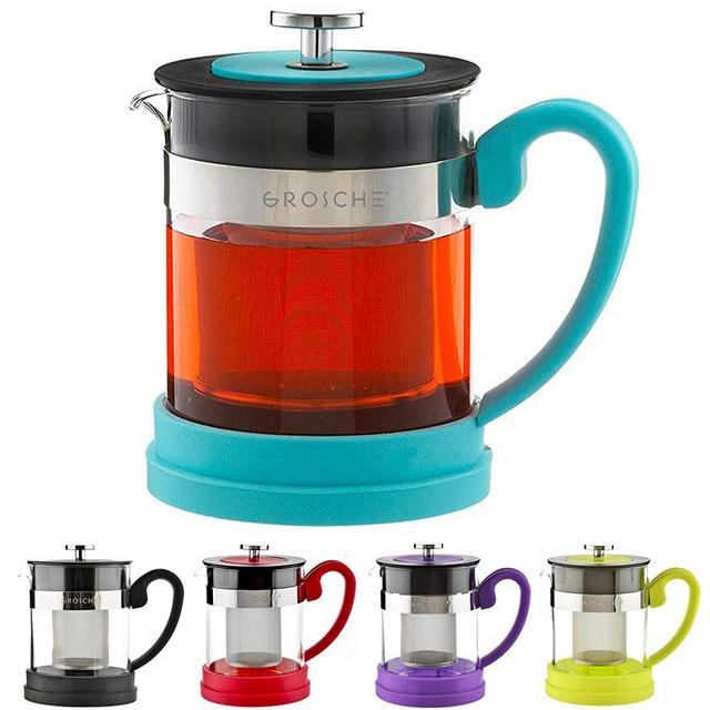 GROSCHE Valencia Personal Sized Teapot 20 oz. / 600 ml (Blue) Made with Borosilicate Glass, Stainless Steel and Silicone