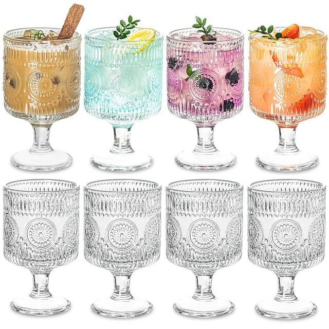 Set of 8 Romantic Vintage Goblet glassware, Charming Embossed Floral Cocktail Glasses Set, Mixed Drink Glasses, for Bars, Restaurants, Party, and Elegant Dinners, 8 oz Wine Glasses