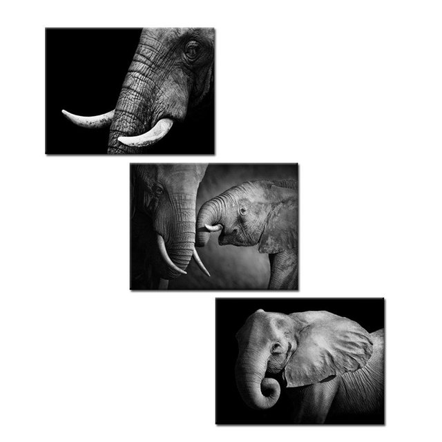 KREATIVE ARTS - Black and White Elephant Canvas Wall Art Decor Animal Painting Prints Artwork for Living Room Office Decor Giclee Canvas Prints Ready to Hang 12x16inchx3pcs/set