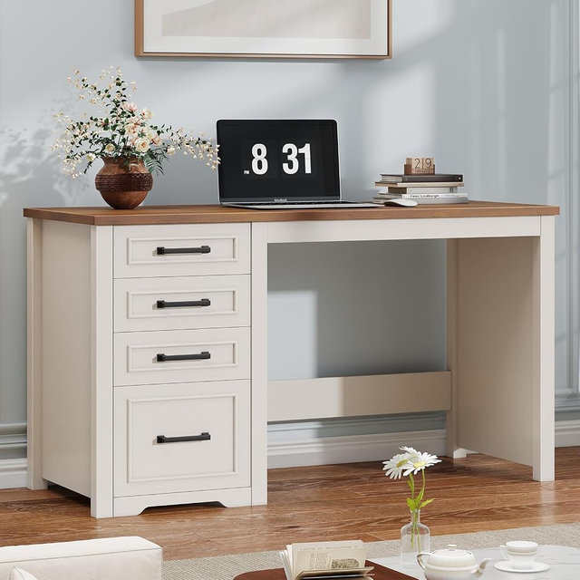 Vabches Farmhouse 49” Executive Desk with File Drawer, 4 Drawers Reversible Computer Desk with Storage, Rustic Home Writing Workstation for Home Office.White Brown
