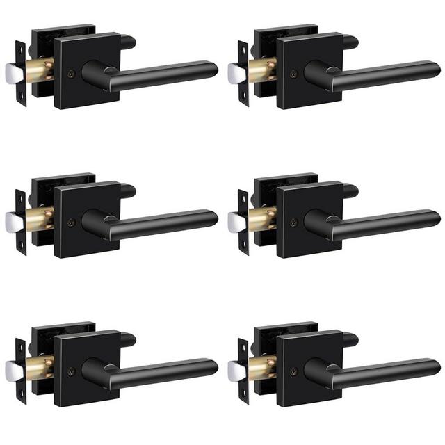 HOSOM 6 Pack Passage Door Lever for Closet Hall Heavy Duty Door Handle with Square Plate Left or Right Handing Levers Door Handles Interior No Locking Matte Black