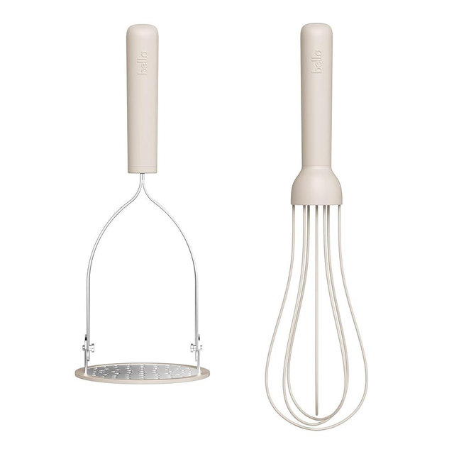 bella 2-Piece Compact Masher and Whisk Set, Fold Flat, Stainless steel and silicone, Foldable Masher, Ballon Whisk, Flat Whisk, Non-stick, Nonslip, Heat safe to 425°F, Oatmilk
