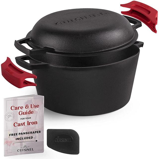 Cast Iron Dutch Oven - 5-Quart Deep Pot - Pre-Seasoned 2-in-1 Multi-Cooker - Combo Lid Doubles as 10"-inch Skillet Frying Pan + Silicone Handle Covers + Scraper - Indoor/Outdoor Kitchen Cookware Bread