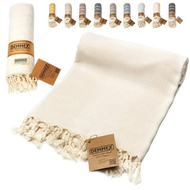 DEMMEX Certified 100% Organic Cotton & Organic Dye Prewashed XL Diamond Weave Turkish Cotton Towel Peshtemal Blanket for Bath,Beach,Pool,SPA,Gym, 71x36 Inches (White)