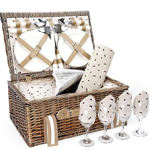 Willow Picnic Basket Set for 4 Persons with Large Insulated Cooler Bag and Waterproof Picnic Blanket,Wicker Picnic Hamper for Camping,Outdoor,Valentine Day,Chirtmas,Thanks Giving,Birthday.