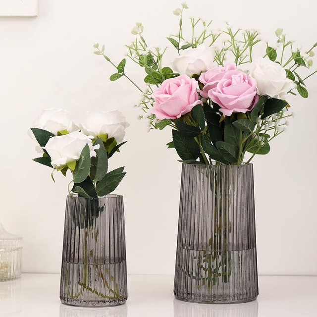 MARTAGE Ribbed Flower Vases Set of 2, Black Vases for Flowers, Flower Vase for Bouquet, Modern Ribbed Glass Vase for Living Room, Bedroom, Dining Table, Office, Wedding, Centerpieces