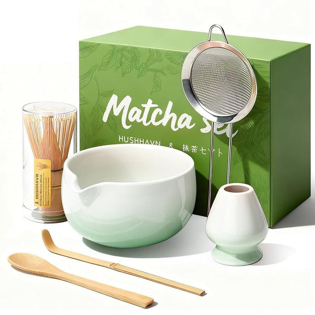 HUSHHAVN Matcha Whisk Set, Ceramic Matcha Set Includes Bowl & Holder, Bamboo Whisk (Chasen), Scoop, Spoon and Sifter, 6PCS Matcha Kit Covers Everything Needed for Making Matcha (Green)