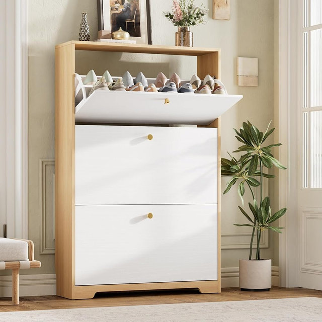 Nicetree Shoe Storage Cabinet for Entryway, Modern Shoe Cabinet, Freestanding Shoe Rack Cabinet, Hidden Shoe Dresser for Hallway,Foyer, Natural Oak and White
