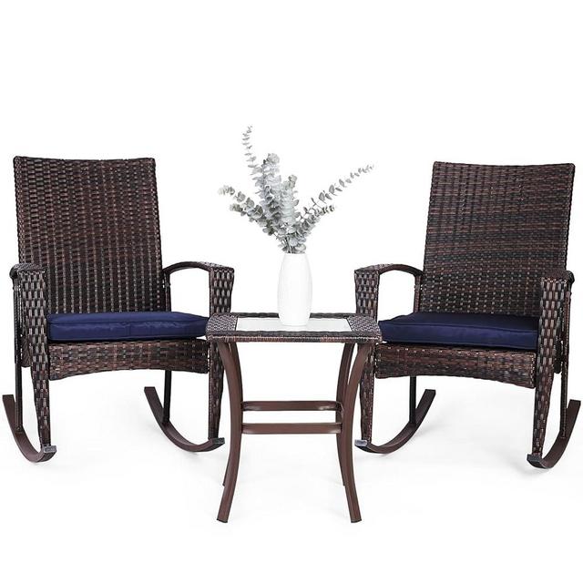 Niubya 3 Piece Wicker Rocking Chair Patio Furniture Sets, Outdoor Wicker Bistro Rattan Chair Conversation Sets with Cushions and Coffee Table, Navy and Brown